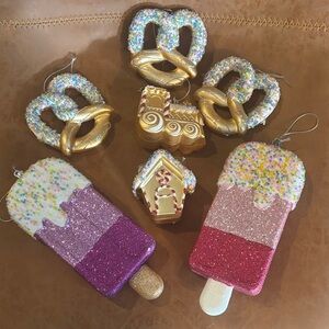 Glittery Pretzels, train, gingerbread house, and  Popsicle Ornaments